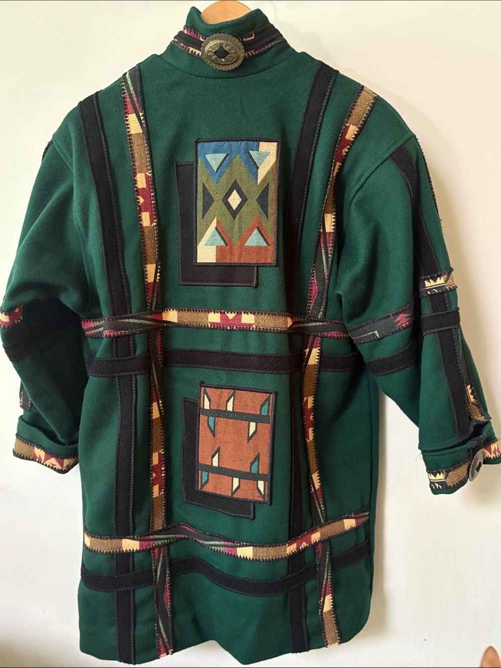 Coloratura Wool Green Patterned Jacket w Tribal Patch Pockets Small / Medium - Picture 5 of 6